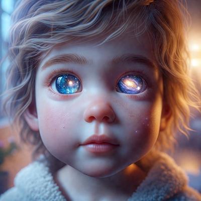 The primary subject of the image is a young child with blue eyes and a star in the center of each eye. The setting is a dark room, and the visual style appears to be a digital art or illustration. The colors and mood of the image are predominantly dark, with the blue eyes of the child being the main focal point.